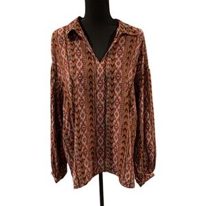 Lafayette 148 New York Delora Southwestern Print Silk Blouse Large